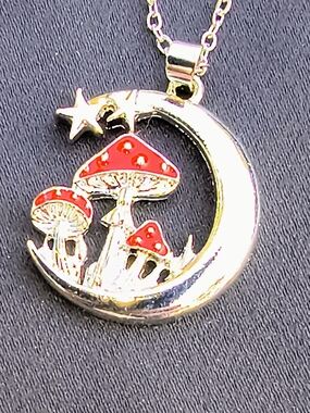 Crescent Moon Mushroom Pendant Necklace in Red and Silver